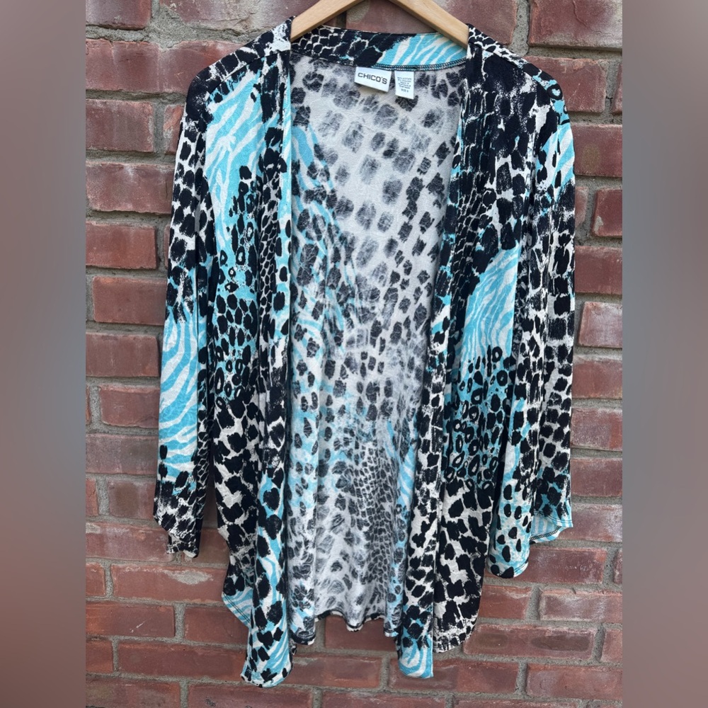 Chico's Black White and Turquoise Animal Print Open Cardigan Size 3
